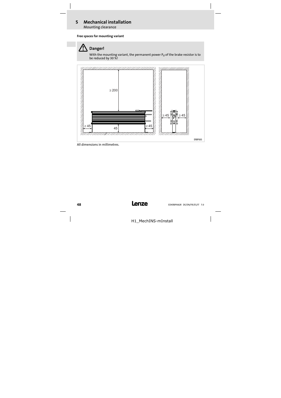 5mechanical installation | Lenze ERBPxxxRxxxx Brake resistor 200W-300W User Manual | Page 48 / 134