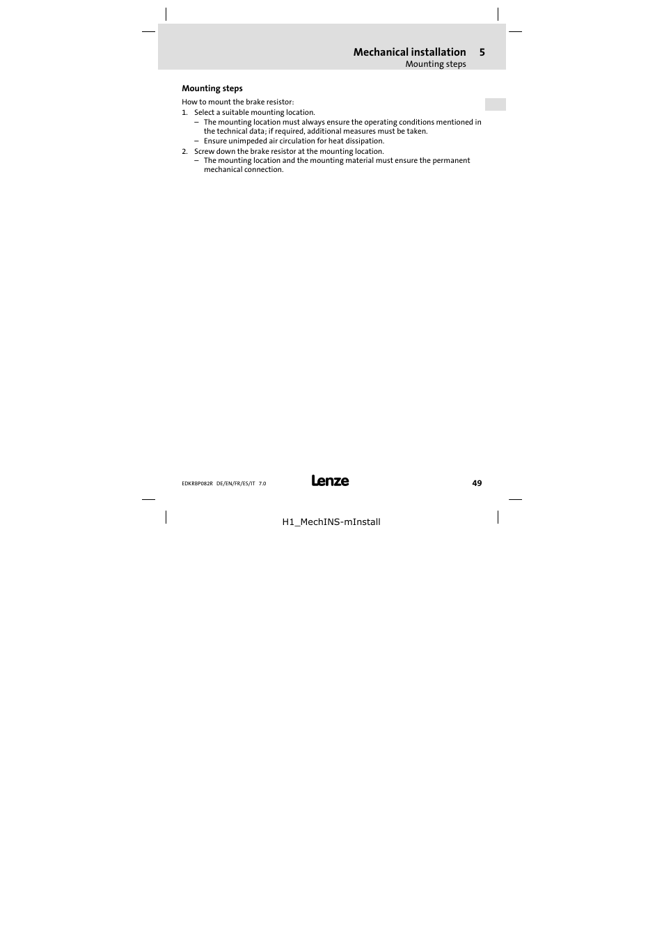 Mounting steps, Mechanical installation | Lenze ERBPxxxRxxxx Brake resistor 200W-300W User Manual | Page 49 / 134