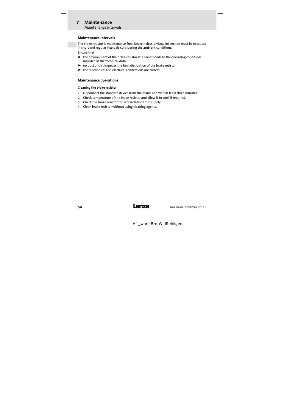 7 maintenance, Maintenance intervals, Maintenance operations | Maintenance, 7maintenance | Lenze ERBPxxxRxxxx Brake resistor 200W-300W User Manual | Page 54 / 134