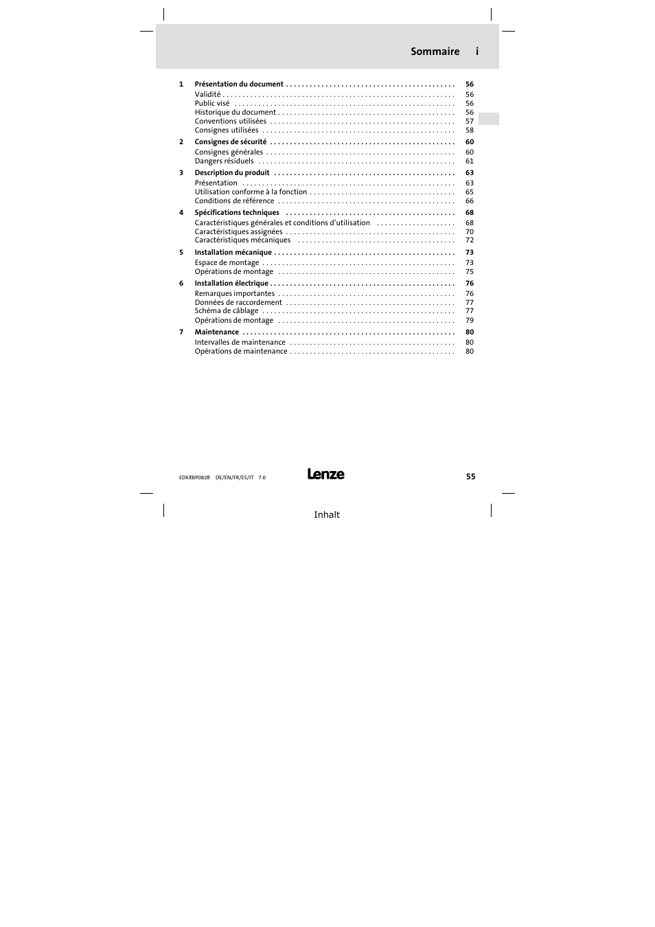 Sommaire i | Lenze ERBPxxxRxxxx Brake resistor 200W-300W User Manual | Page 55 / 134