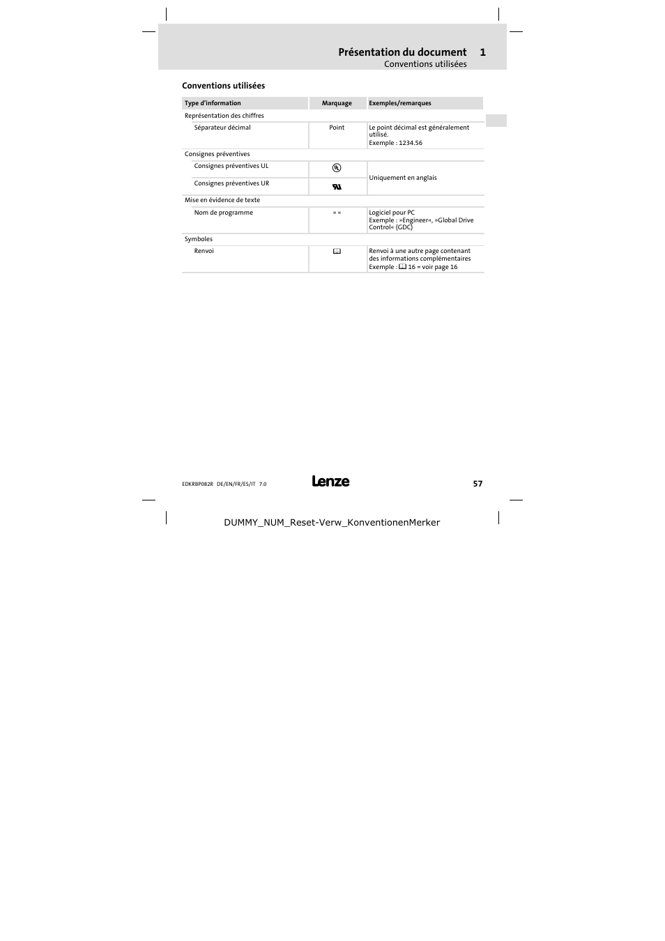 Conventions utilisées, Présentation du document | Lenze ERBPxxxRxxxx Brake resistor 200W-300W User Manual | Page 57 / 134