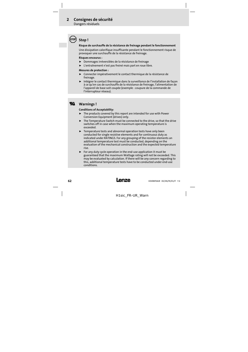 2consignes de sécurité | Lenze ERBPxxxRxxxx Brake resistor 200W-300W User Manual | Page 62 / 134