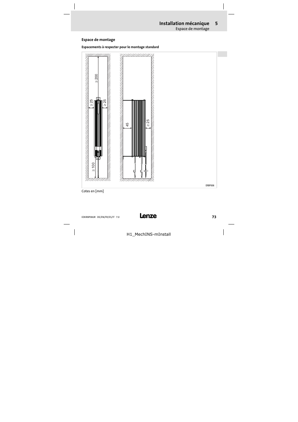 5 installation mécanique, Espace de montage, Installation mécanique | Lenze ERBPxxxRxxxx Brake resistor 200W-300W User Manual | Page 73 / 134