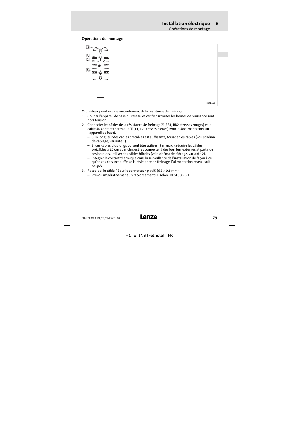 Opérations de montage, Installation électrique | Lenze ERBPxxxRxxxx Brake resistor 200W-300W User Manual | Page 79 / 134