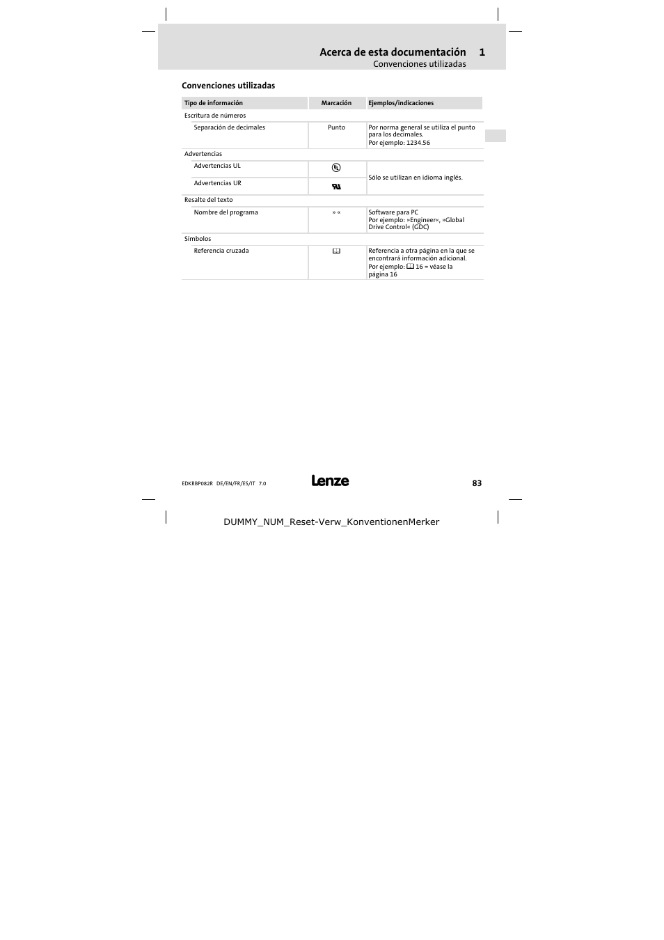 Convenciones utilizadas, Acerca de esta documentación | Lenze ERBPxxxRxxxx Brake resistor 200W-300W User Manual | Page 83 / 134