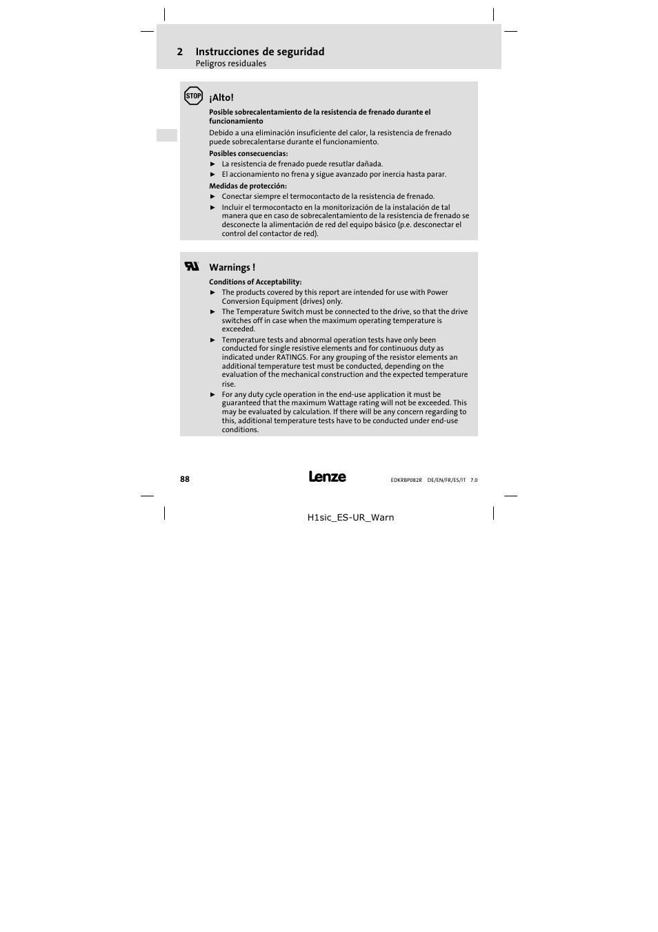 2instrucciones de seguridad | Lenze ERBPxxxRxxxx Brake resistor 200W-300W User Manual | Page 88 / 134