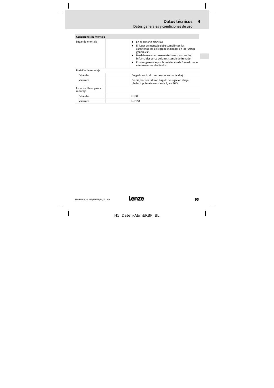 Datos técnicos | Lenze ERBPxxxRxxxx Brake resistor 200W-300W User Manual | Page 95 / 134