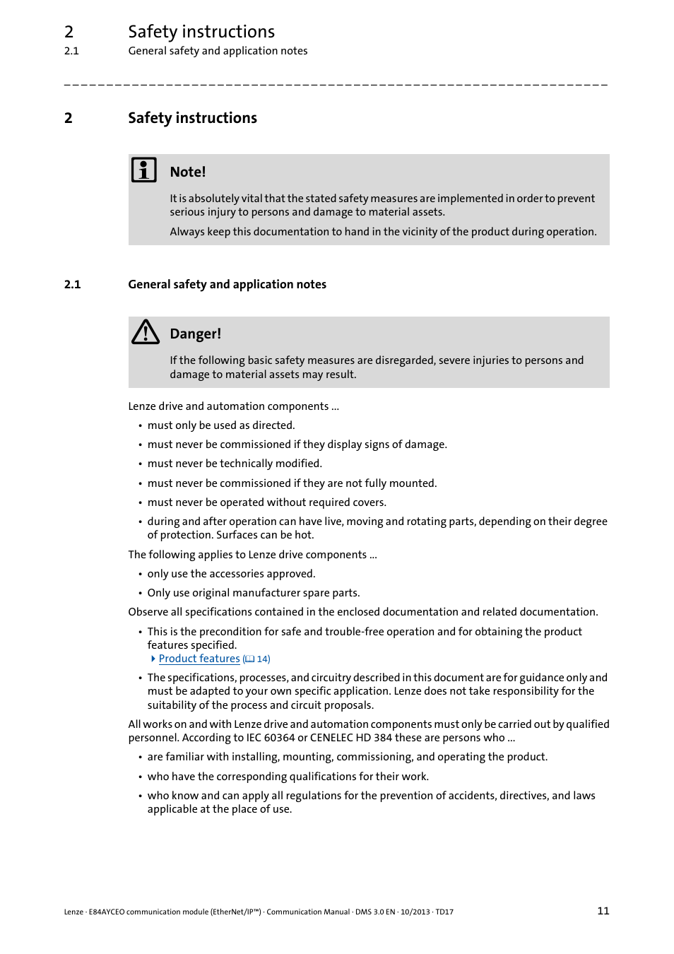 2 safety instructions, 1 general safety and application notes, Safety instructions | General safety and application notes, 2safety instructions | Lenze E84AYCEO User Manual | Page 11 / 165