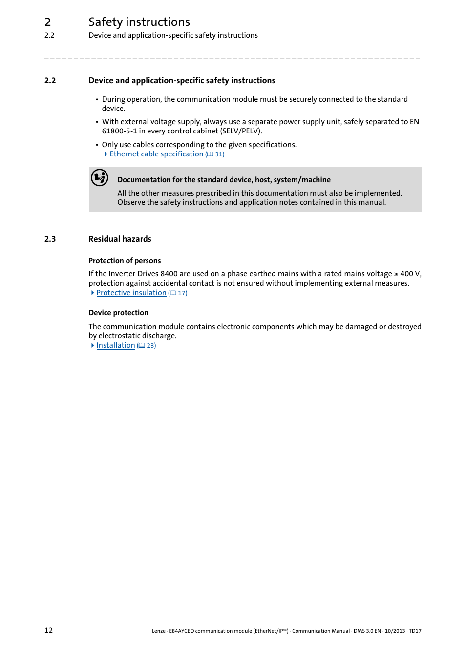 3 residual hazards, Residual hazards, 2safety instructions | Lenze E84AYCEO User Manual | Page 12 / 165