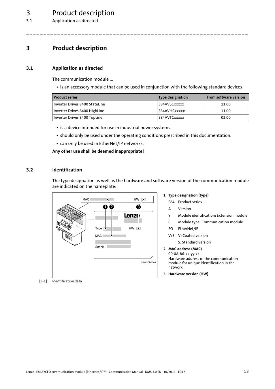 3 product description, 1 application as directed, 2 identification | Product description, Application as directed, Identification, 3product description | Lenze E84AYCEO User Manual | Page 13 / 165