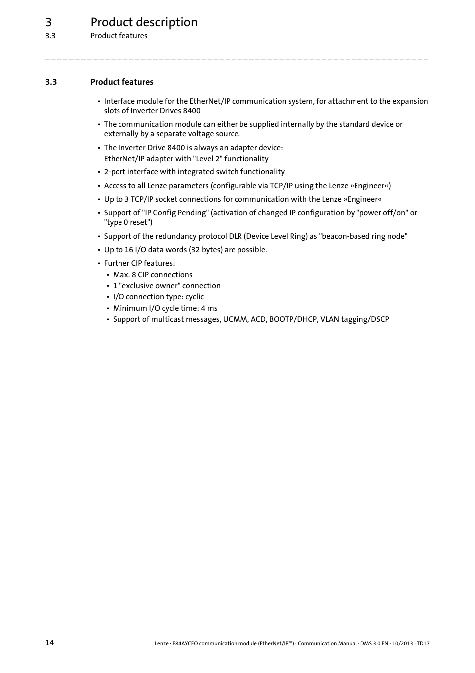 3 product features, Product features, 3product description | Lenze E84AYCEO User Manual | Page 14 / 165