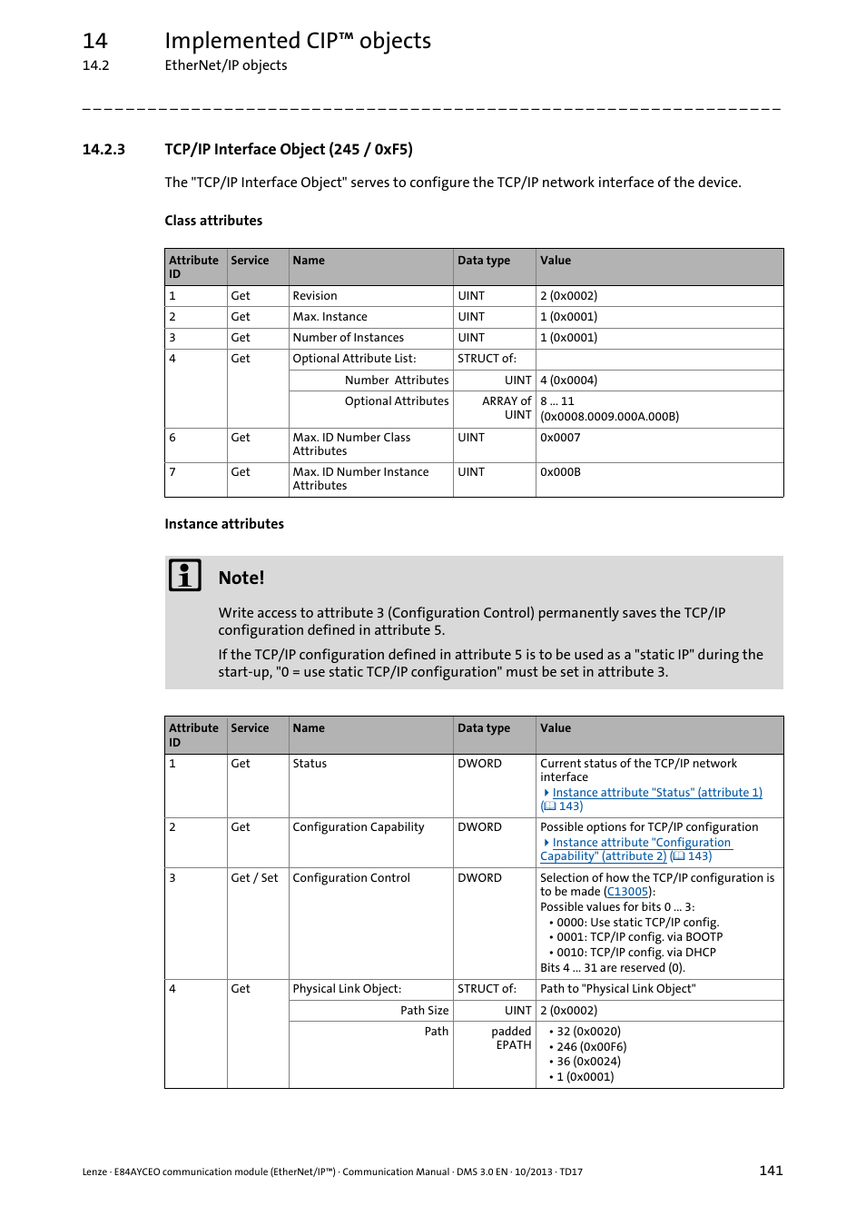 3 tcp/ip interface object (245 / 0xf5), Tcp/ip, Interface object (245 / 0xf5) ( 141) | Tcp/ip interface object (245 / 0xf5), Tcp/ip interface object (245 / 0xf5) ( 141), Tcp/ip interface object (245, 0xf5) ( 141), 8 (ttl value) in the, Otemac) in the, 14 implemented cip™ objects | Lenze E84AYCEO User Manual | Page 141 / 165