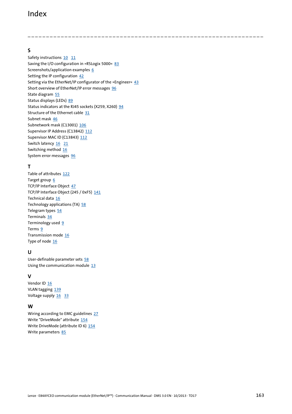 Index | Lenze E84AYCEO User Manual | Page 163 / 165