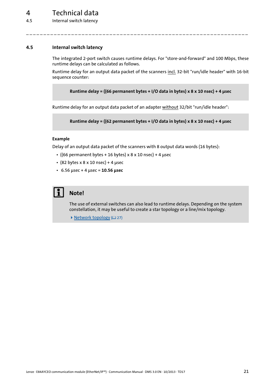 5 internal switch latency, Internal switch latency, 4technical data | Lenze E84AYCEO User Manual | Page 21 / 165