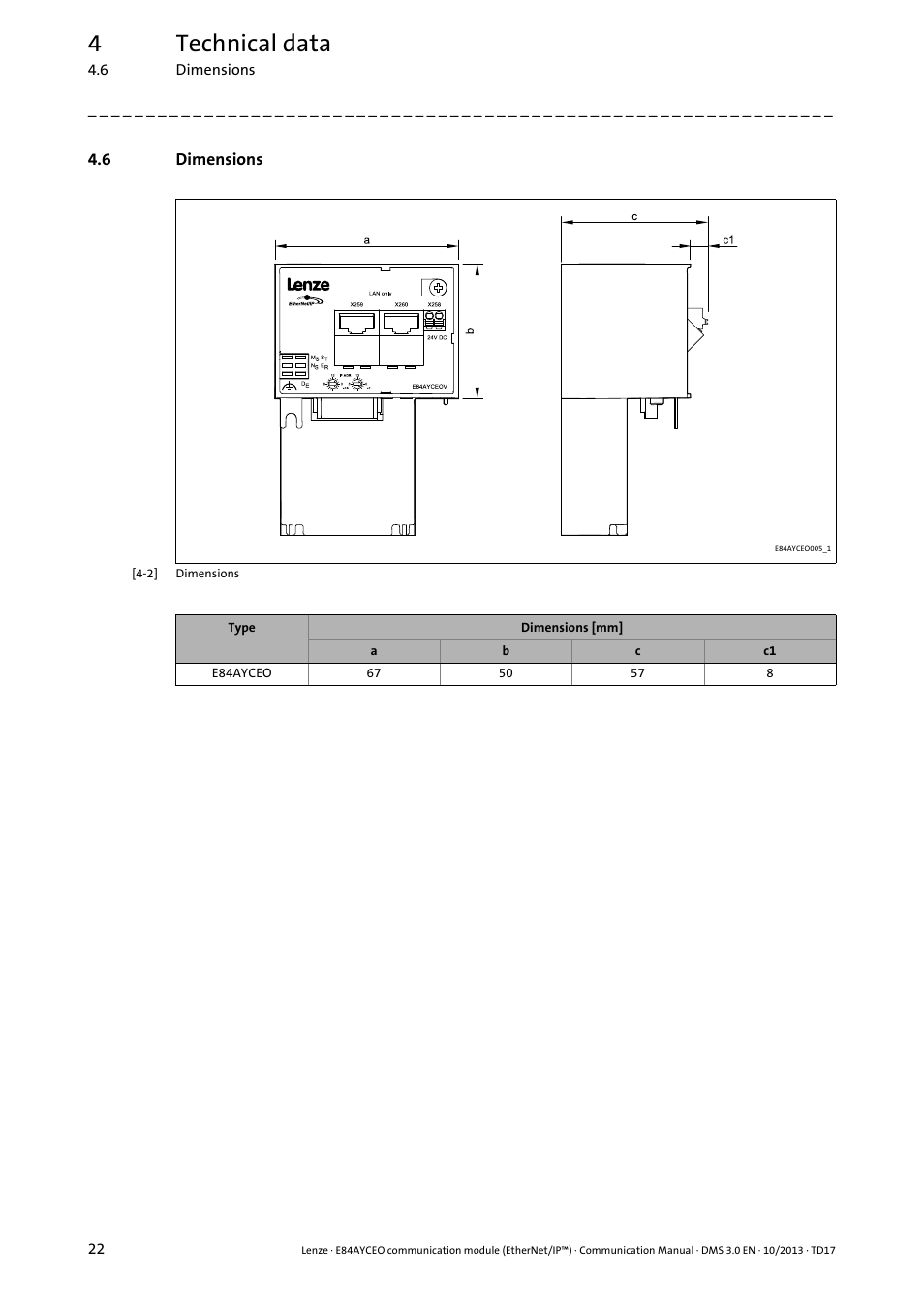 6 dimensions, Dimensions, 4technical data | Lenze E84AYCEO User Manual | Page 22 / 165