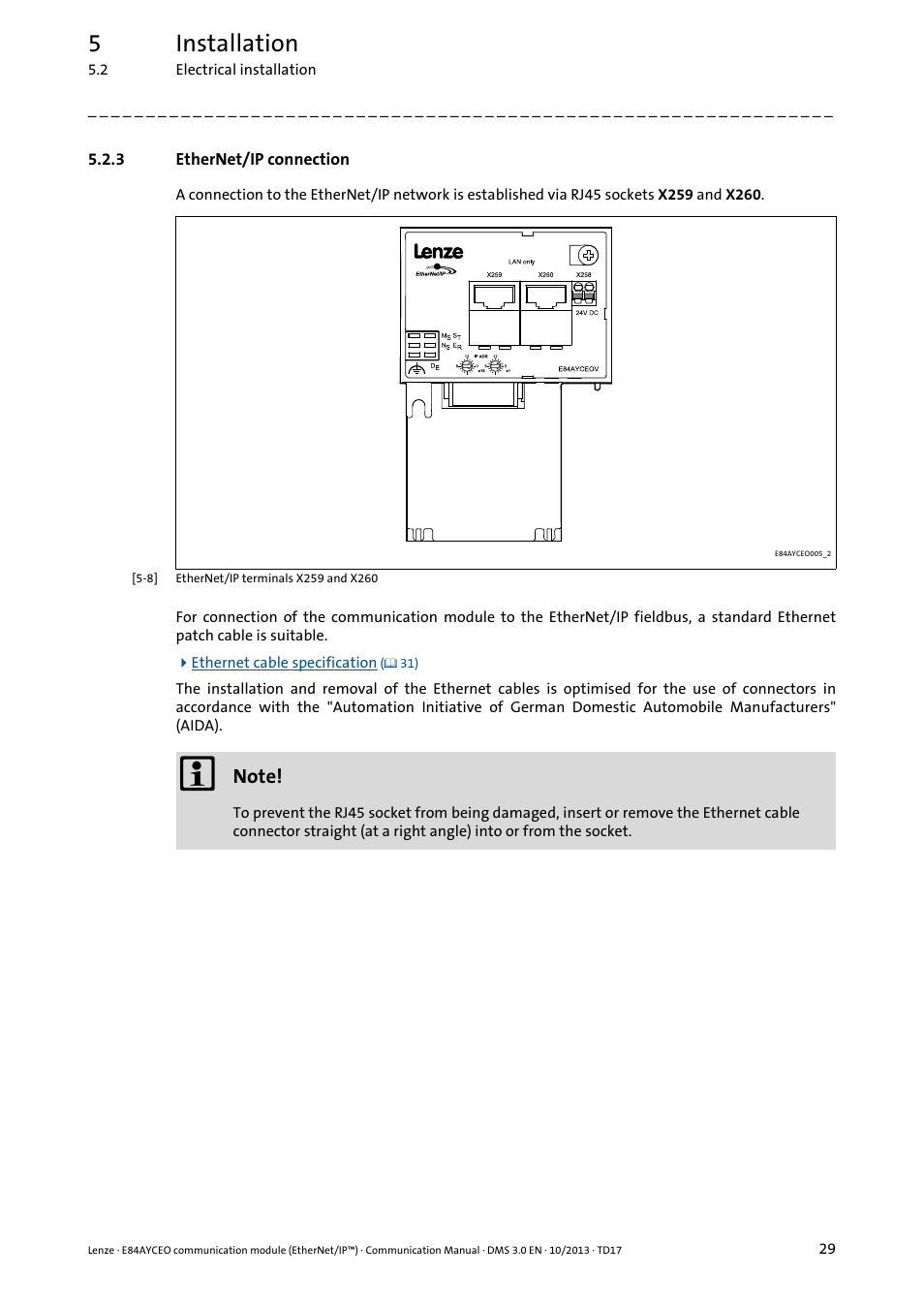 3 ethernet/ip connection, Ethernet/ip connection, Ethernet/ip connection ( 29) | 5installation | Lenze E84AYCEO User Manual | Page 29 / 165