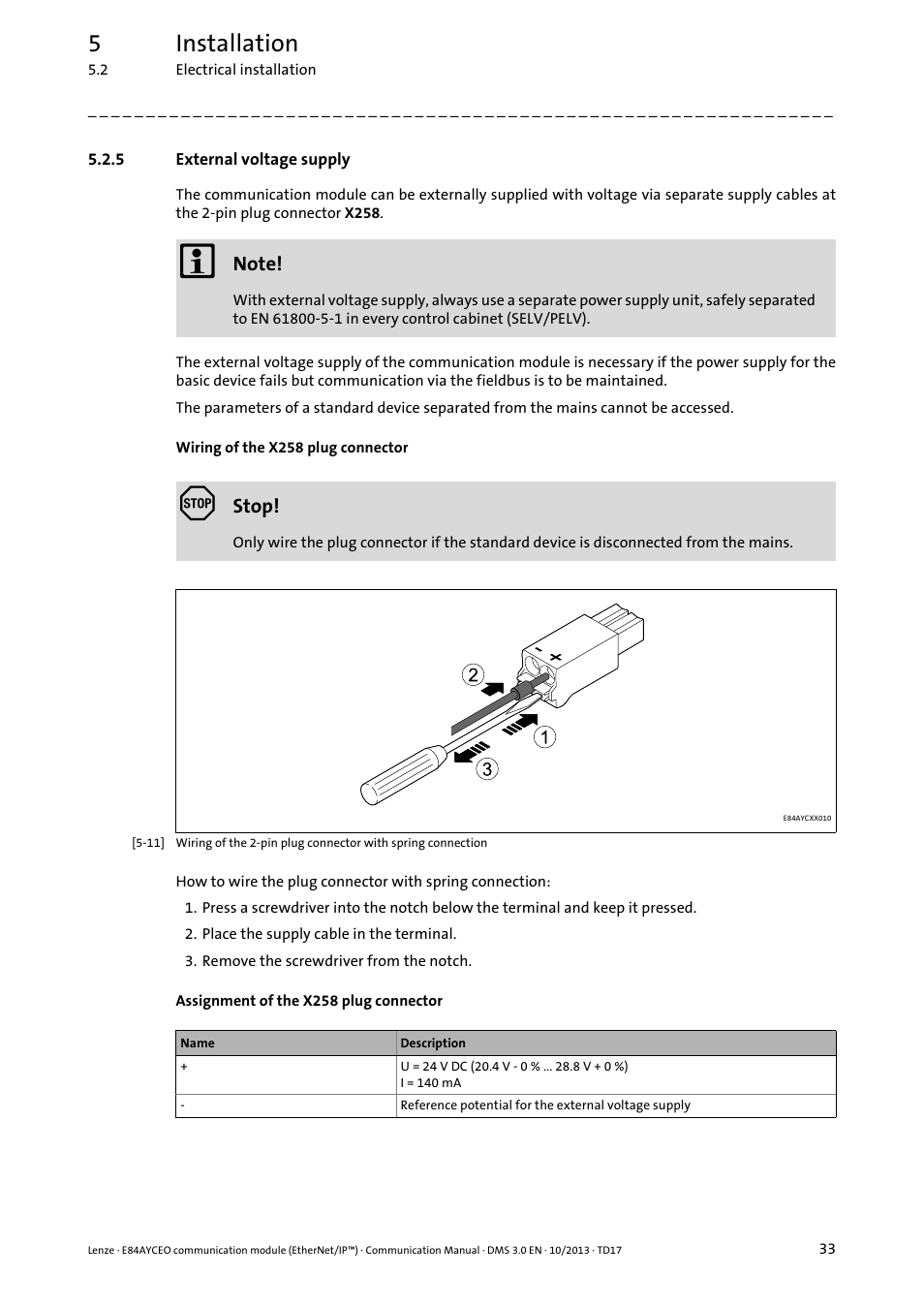 5 external voltage supply, External voltage supply, External voltage supply ( 33) | 5installation | Lenze E84AYCEO User Manual | Page 33 / 165