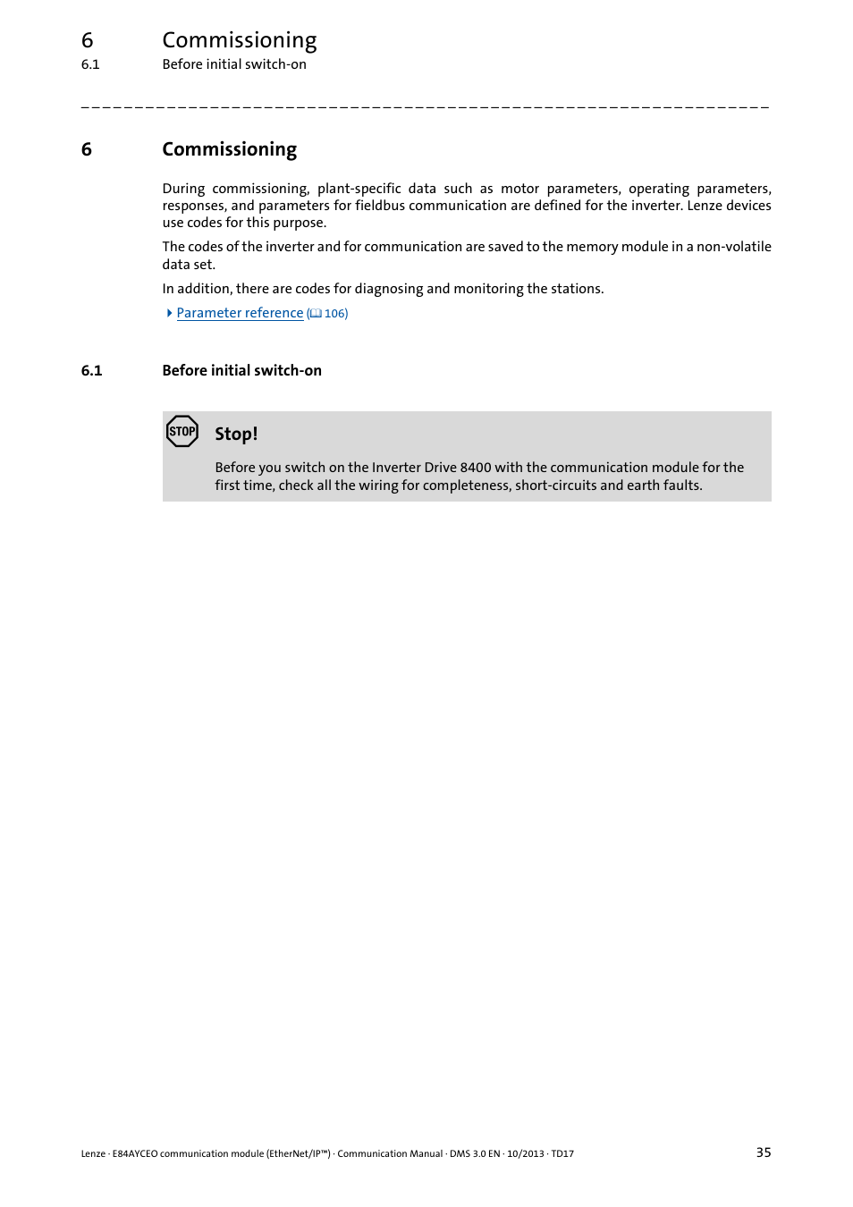 6 commissioning, 1 before initial switch-on, Commissioning | Before initial switch-on, 6commissioning | Lenze E84AYCEO User Manual | Page 35 / 165