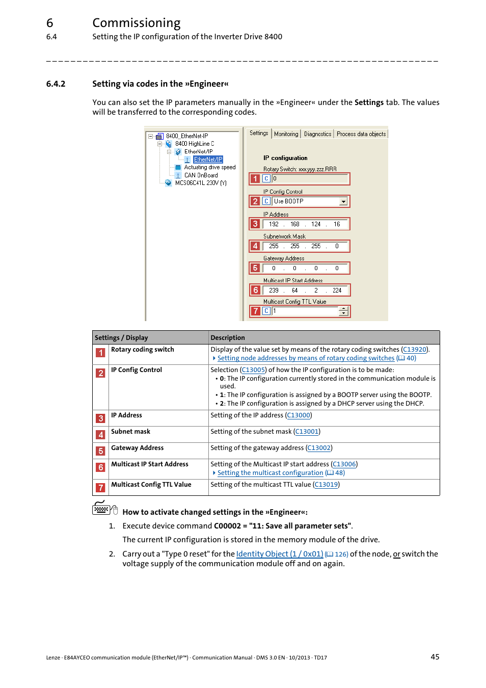2 setting via codes in the »engineer, Setting via codes in the »engineer, 6commissioning | Lenze E84AYCEO User Manual | Page 45 / 165
