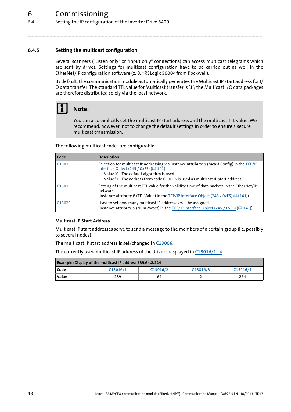 5 setting the multicast configuration, Setting the multicast configuration, Setting the multicast configuration ( 48) | 6commissioning | Lenze E84AYCEO User Manual | Page 48 / 165