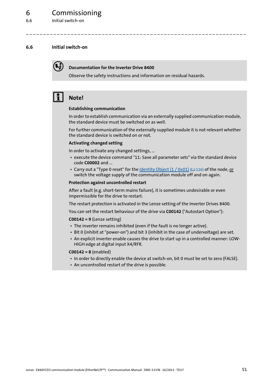 6 initial switch-on, Initial switch-on, 6commissioning | Lenze E84AYCEO User Manual | Page 51 / 165