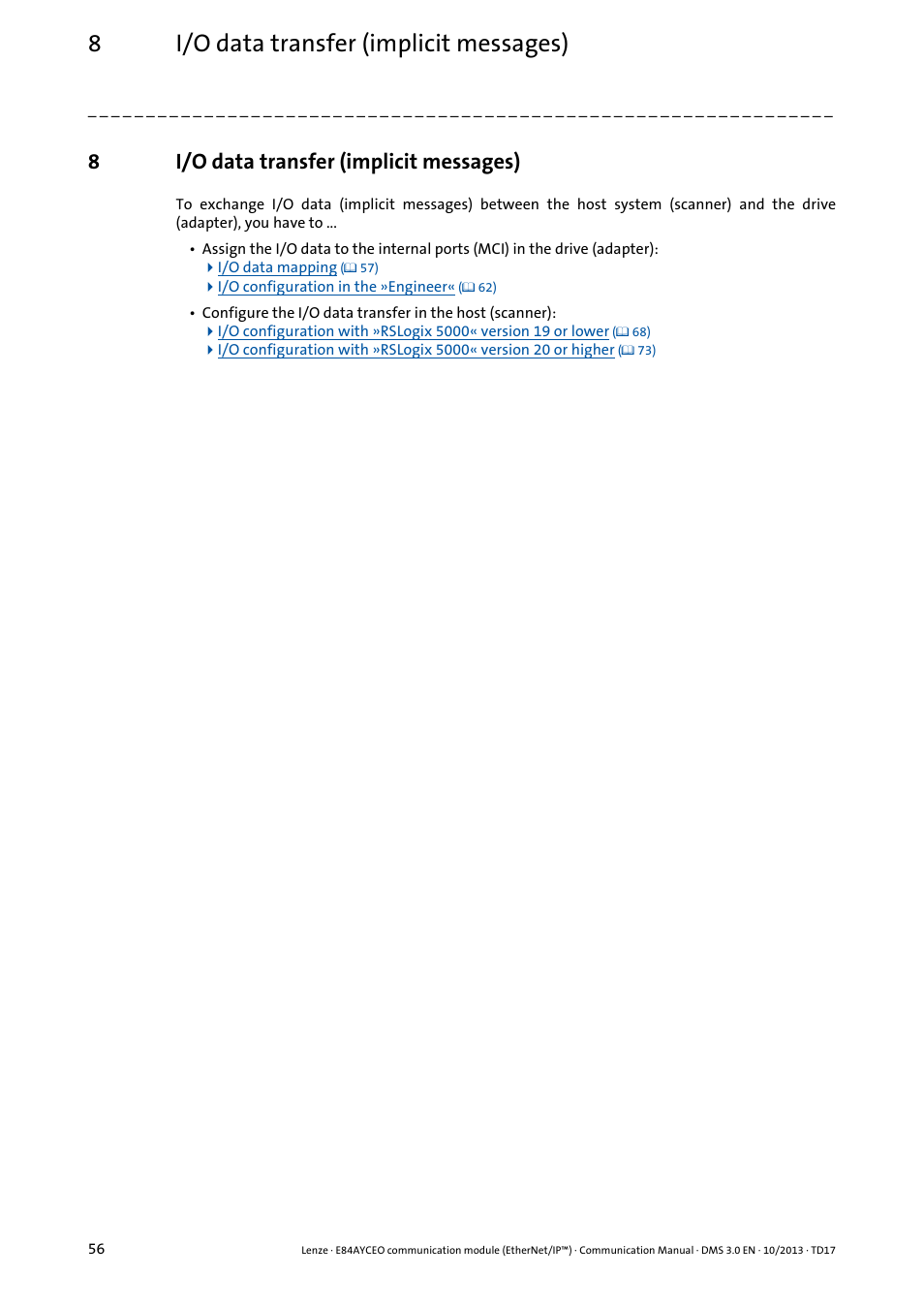 8 i/o data transfer (implicit messages), I/o data transfer (implicit messages), I/o data transfer (implicit messages) ( 56) | 8i/o data transfer (implicit messages) | Lenze E84AYCEO User Manual | Page 56 / 165