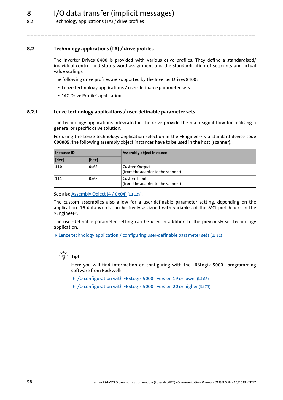 2 technology applications (ta) / drive profiles, Technology applications (ta) / drive profiles, 8i/o data transfer (implicit messages) | Lenze E84AYCEO User Manual | Page 58 / 165