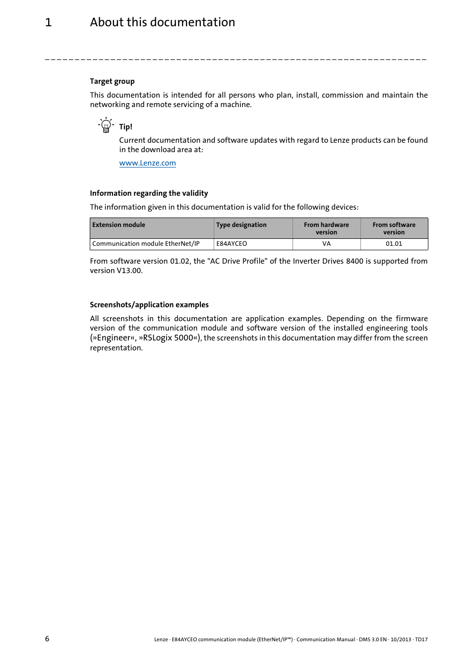 1about this documentation | Lenze E84AYCEO User Manual | Page 6 / 165