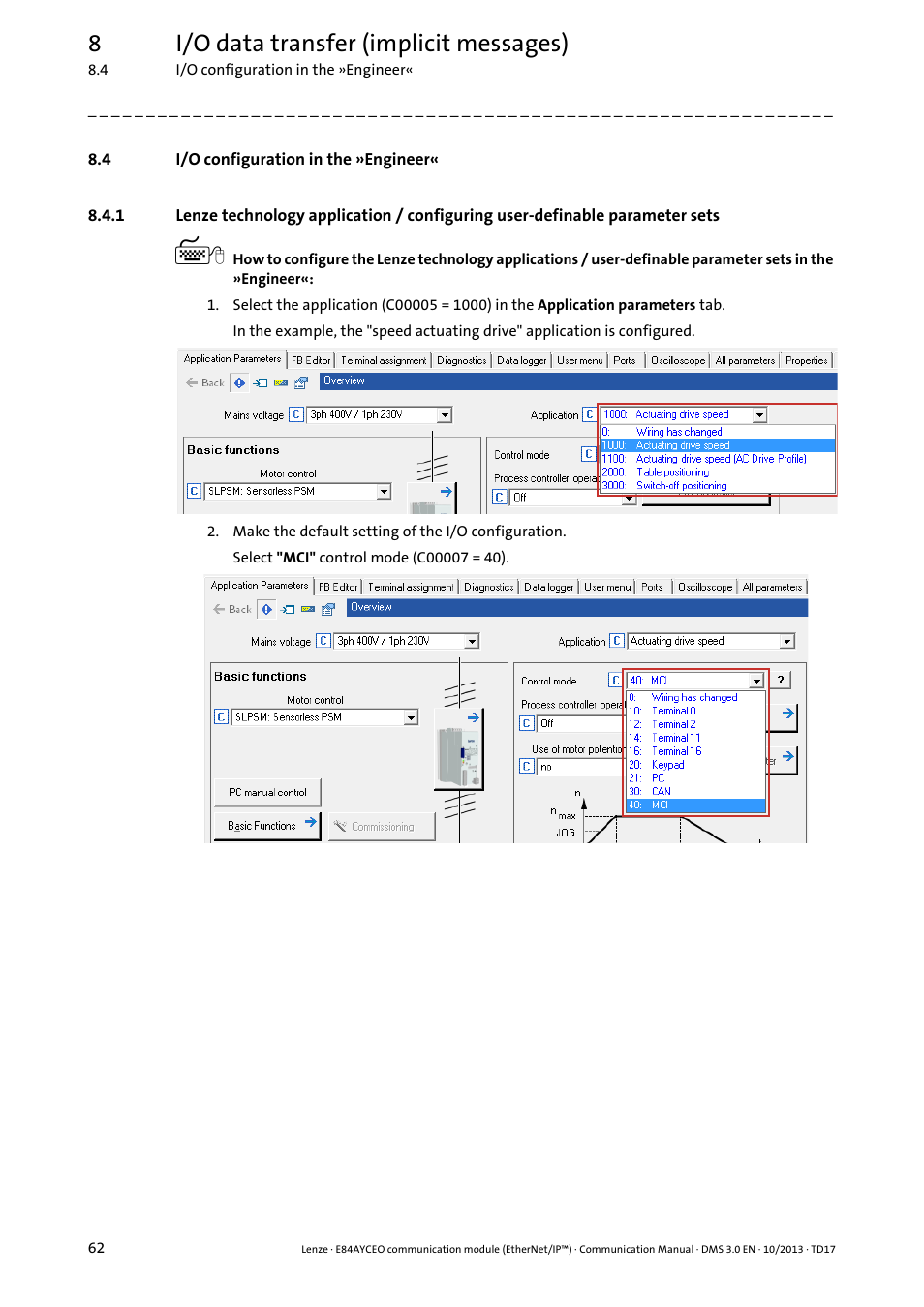4 i/o configuration in the »engineer, I/o configuration in the »engineer, 8i/o data transfer (implicit messages) | Lenze E84AYCEO User Manual | Page 62 / 165