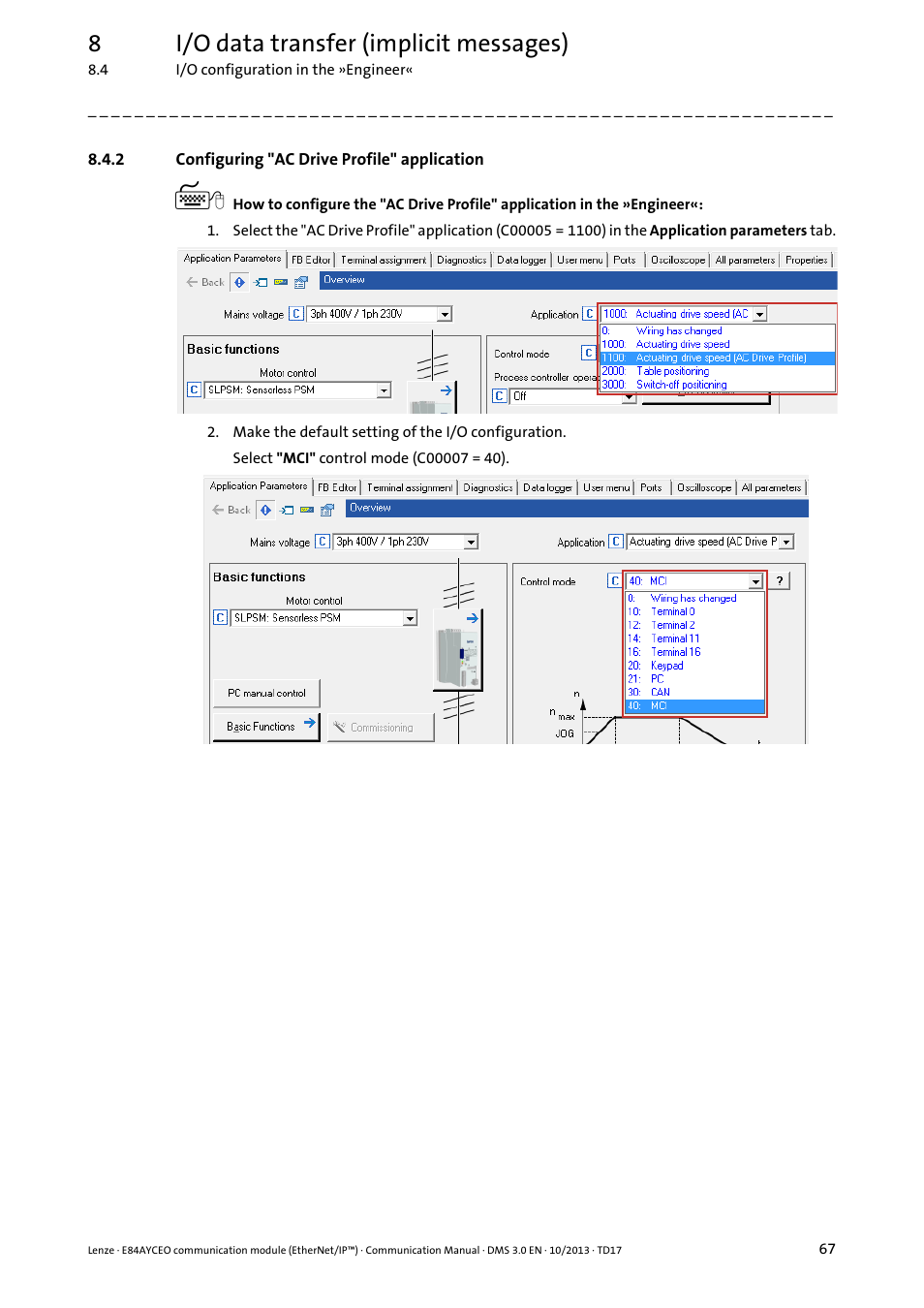 2 configuring "ac drive profile" application, Configuring "ac drive profile" application, 8i/o data transfer (implicit messages) | Lenze E84AYCEO User Manual | Page 67 / 165