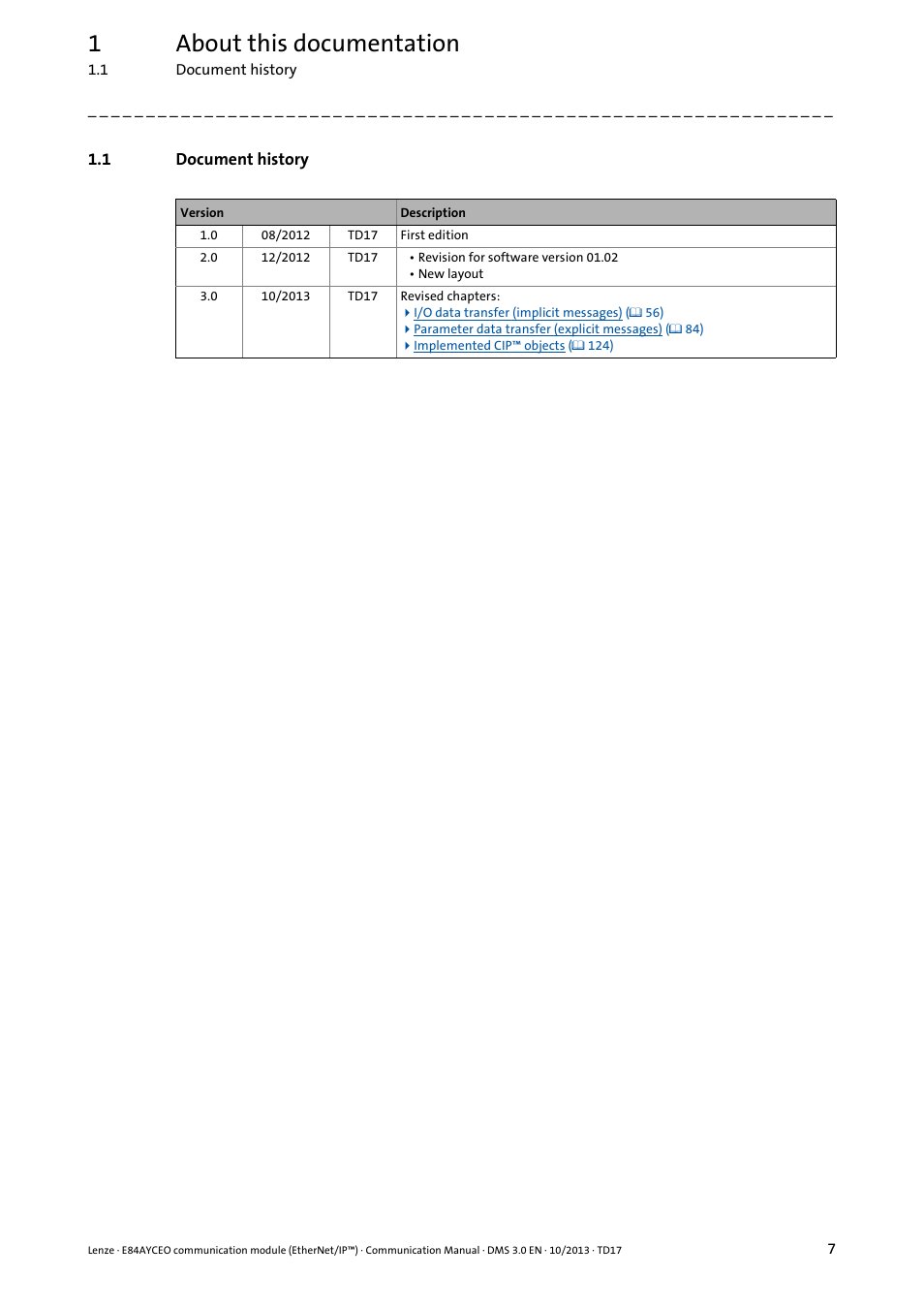 1 document history, Document history, 1about this documentation | Lenze E84AYCEO User Manual | Page 7 / 165