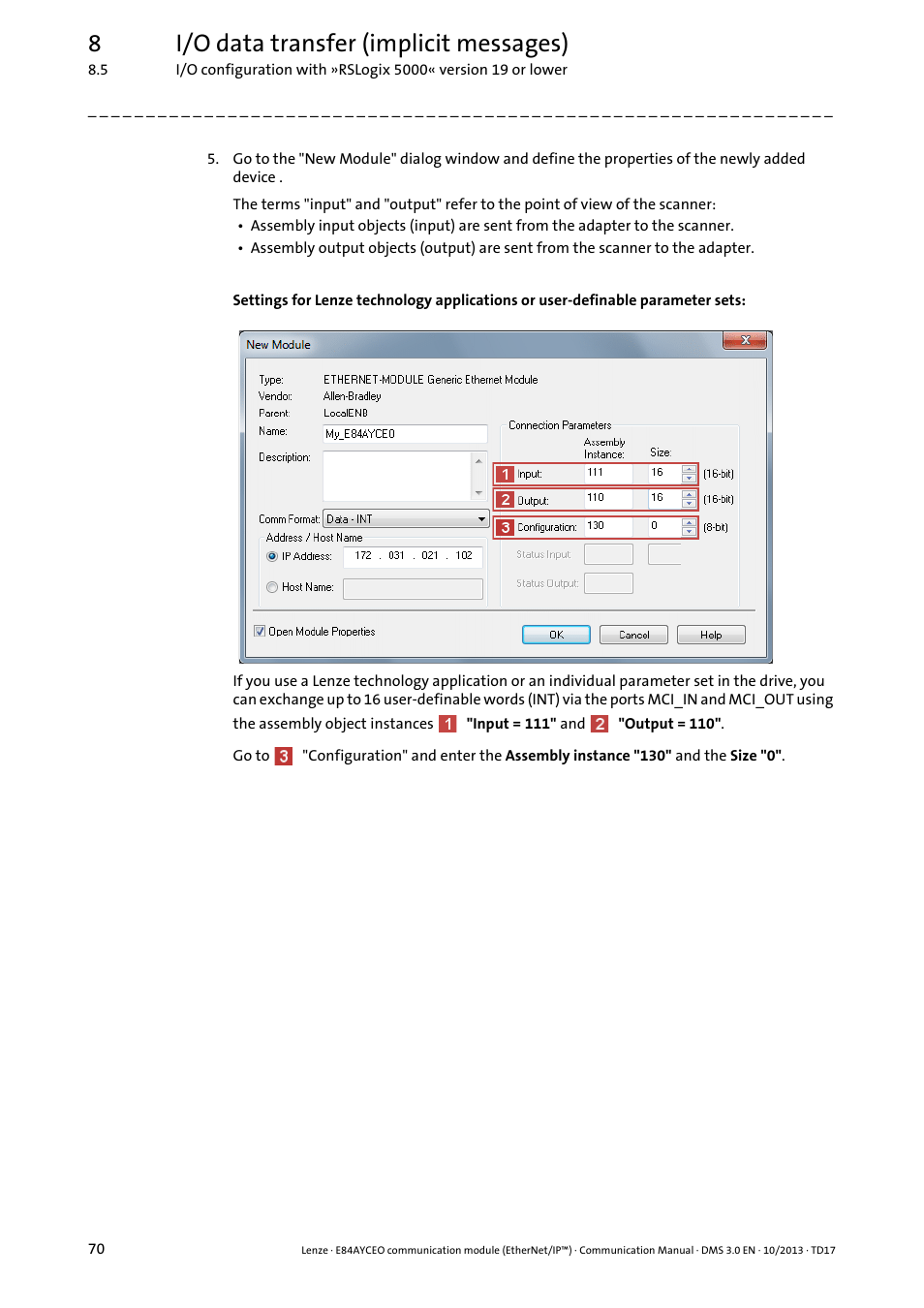 8i/o data transfer (implicit messages) | Lenze E84AYCEO User Manual | Page 70 / 165