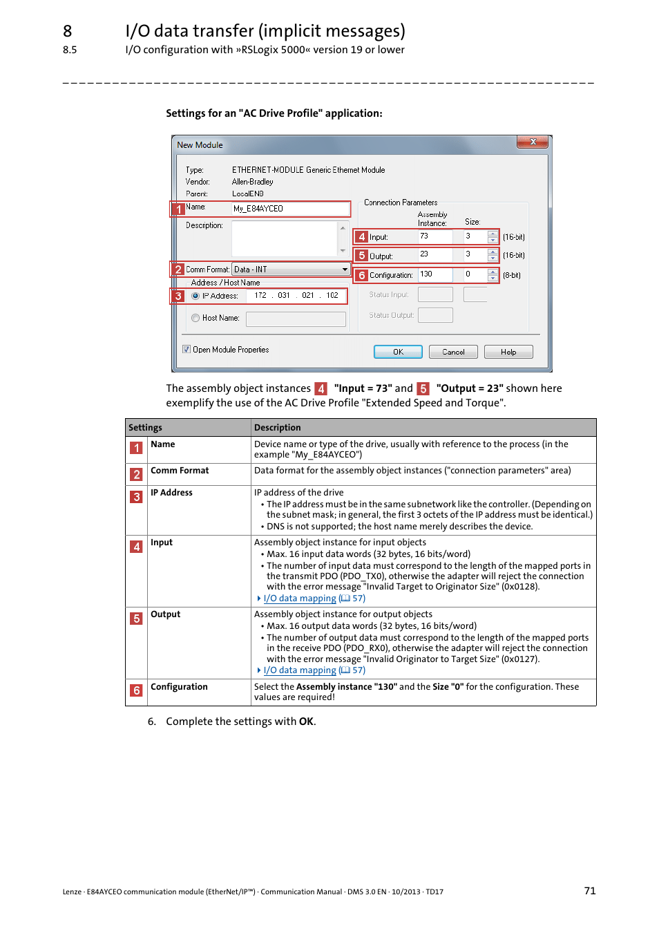 8i/o data transfer (implicit messages) | Lenze E84AYCEO User Manual | Page 71 / 165