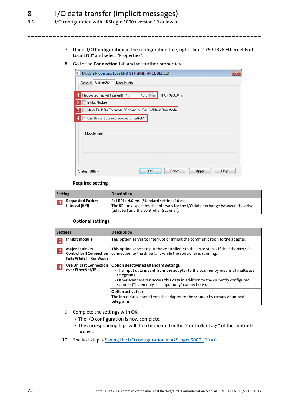 8i/o data transfer (implicit messages) | Lenze E84AYCEO User Manual | Page 72 / 165