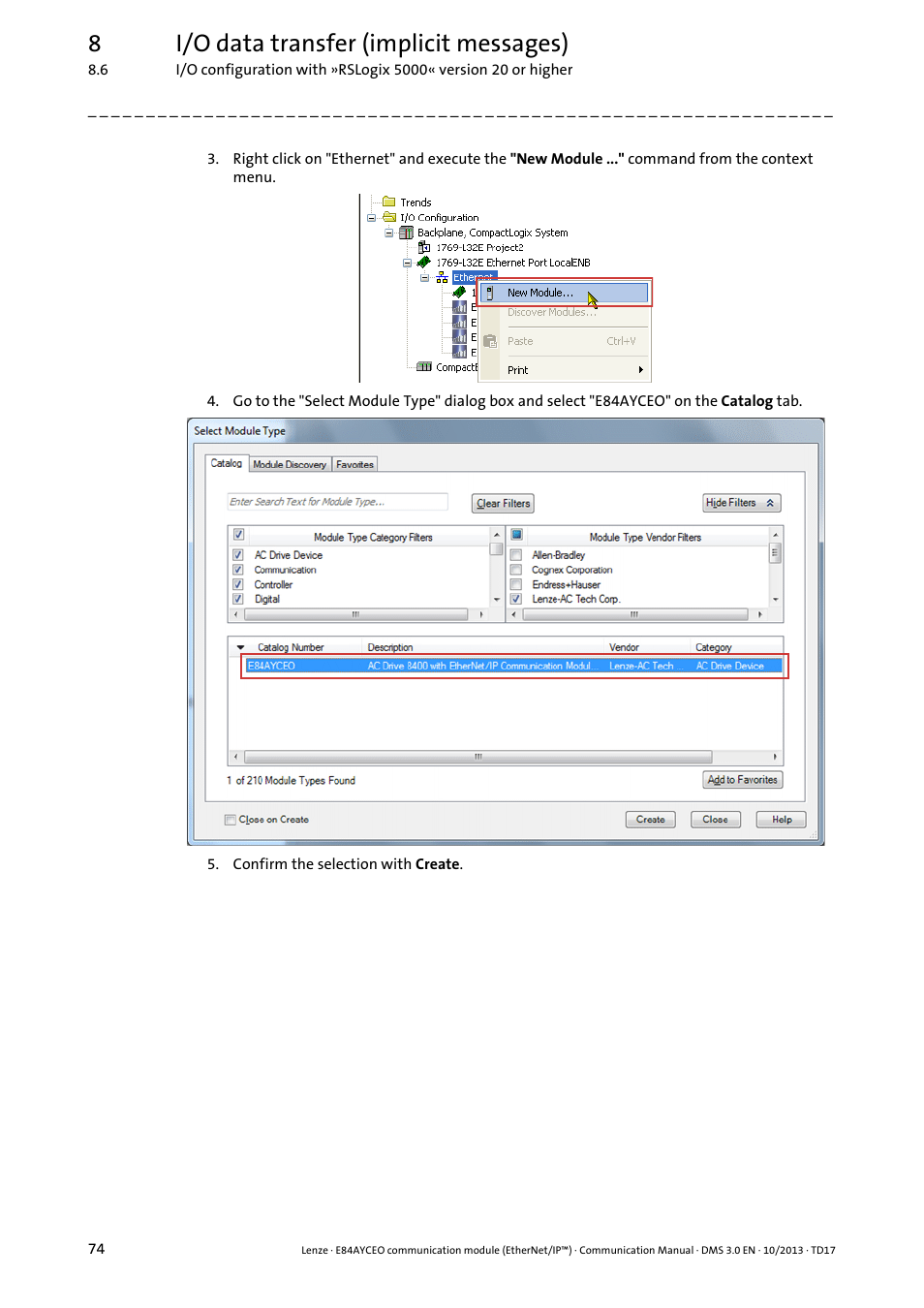 8i/o data transfer (implicit messages) | Lenze E84AYCEO User Manual | Page 74 / 165