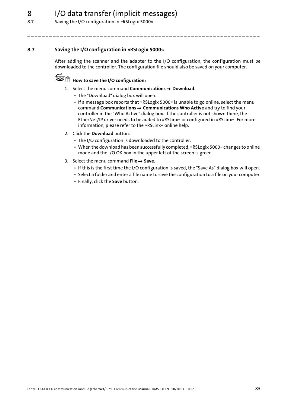 7 saving the i/o configuration in »rslogix 5000, Saving the i/o configuration in »rslogix 5000, 8i/o data transfer (implicit messages) | Lenze E84AYCEO User Manual | Page 83 / 165