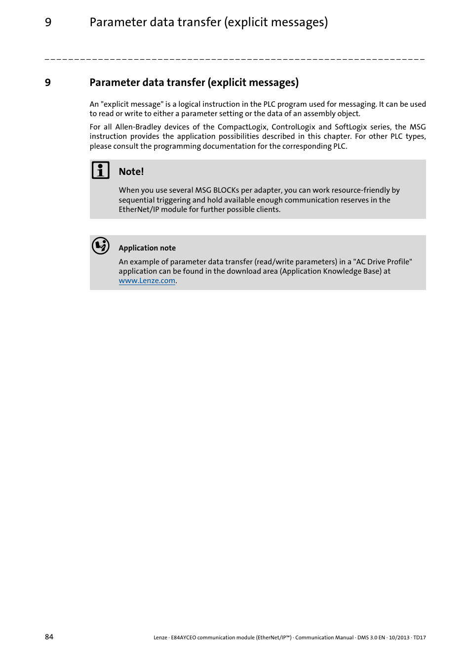 9 parameter data transfer (explicit messages), Parameter data transfer (explicit messages), Parameter data transfer (explicit messages) ( 84) | 9parameter data transfer (explicit messages) | Lenze E84AYCEO User Manual | Page 84 / 165