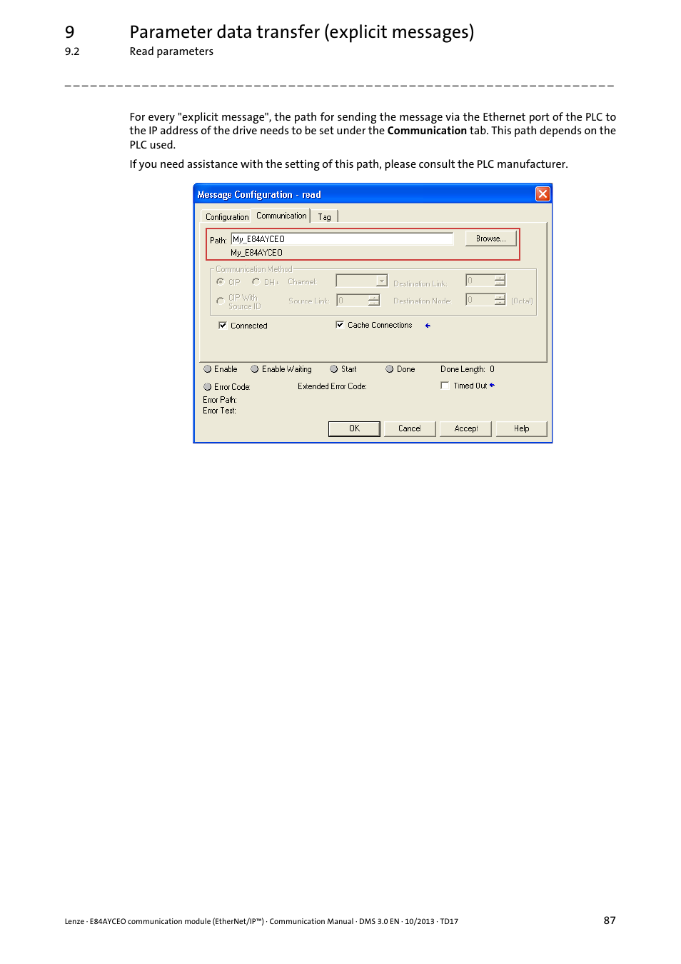 9parameter data transfer (explicit messages) | Lenze E84AYCEO User Manual | Page 87 / 165