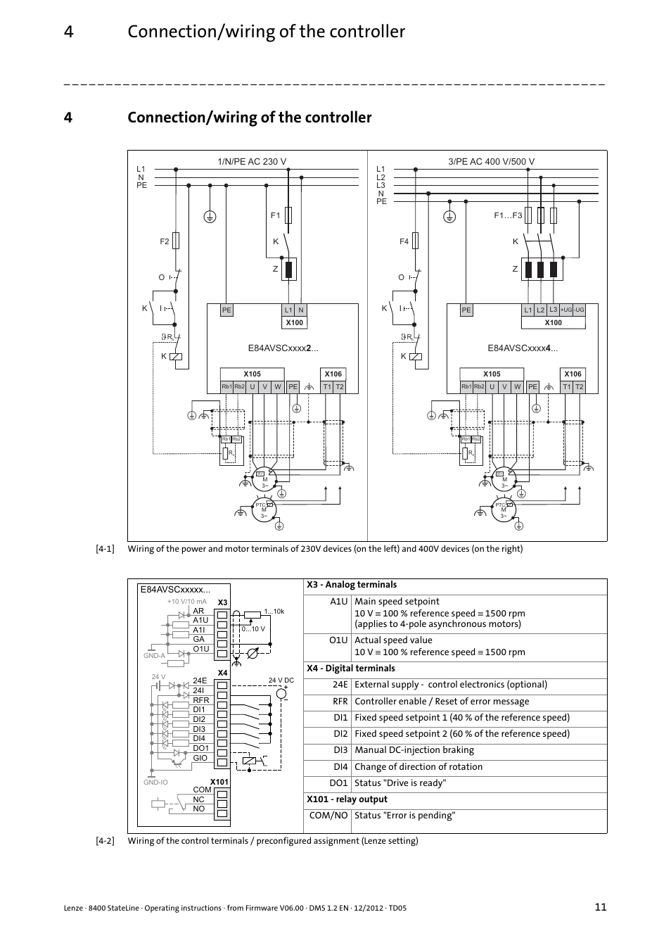4 connection/wiring of the controller, Connection/wiring of the controller, 4connection/wiring of the controller | Lenze E84AVSCx 8400 StateLine C User Manual | Page 11 / 76