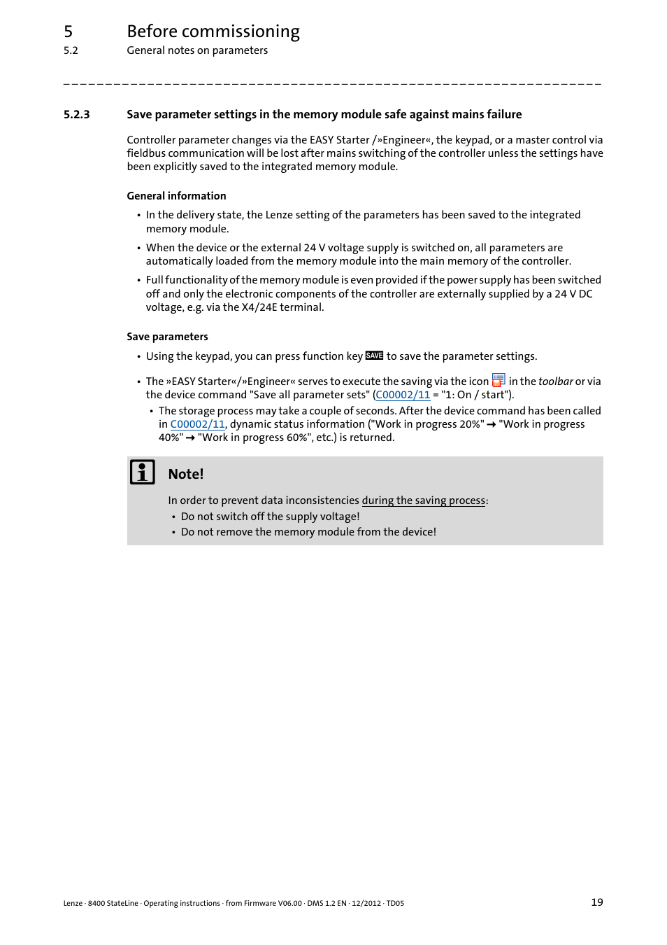 5before commissioning | Lenze E84AVSCx 8400 StateLine C User Manual | Page 19 / 76
