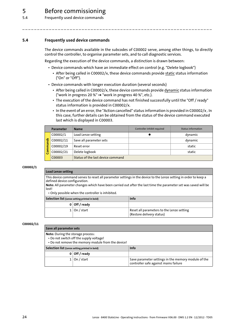 4 frequently used device commands, Frequently used device commands, 5before commissioning | Lenze E84AVSCx 8400 StateLine C User Manual | Page 24 / 76