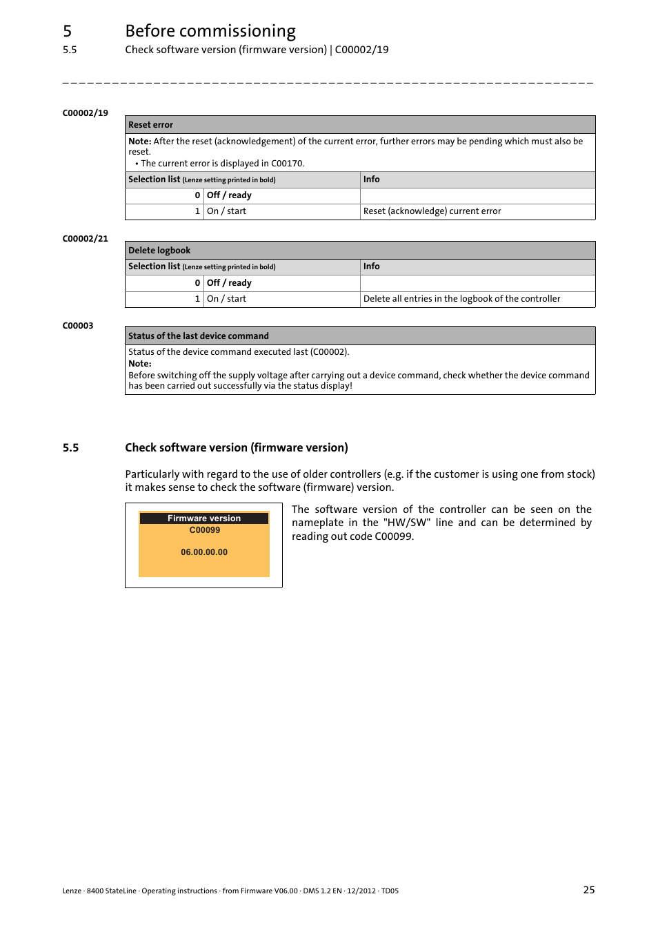 5 check software version (firmware version), Check software version (firmware version), 5before commissioning | Lenze E84AVSCx 8400 StateLine C User Manual | Page 25 / 76