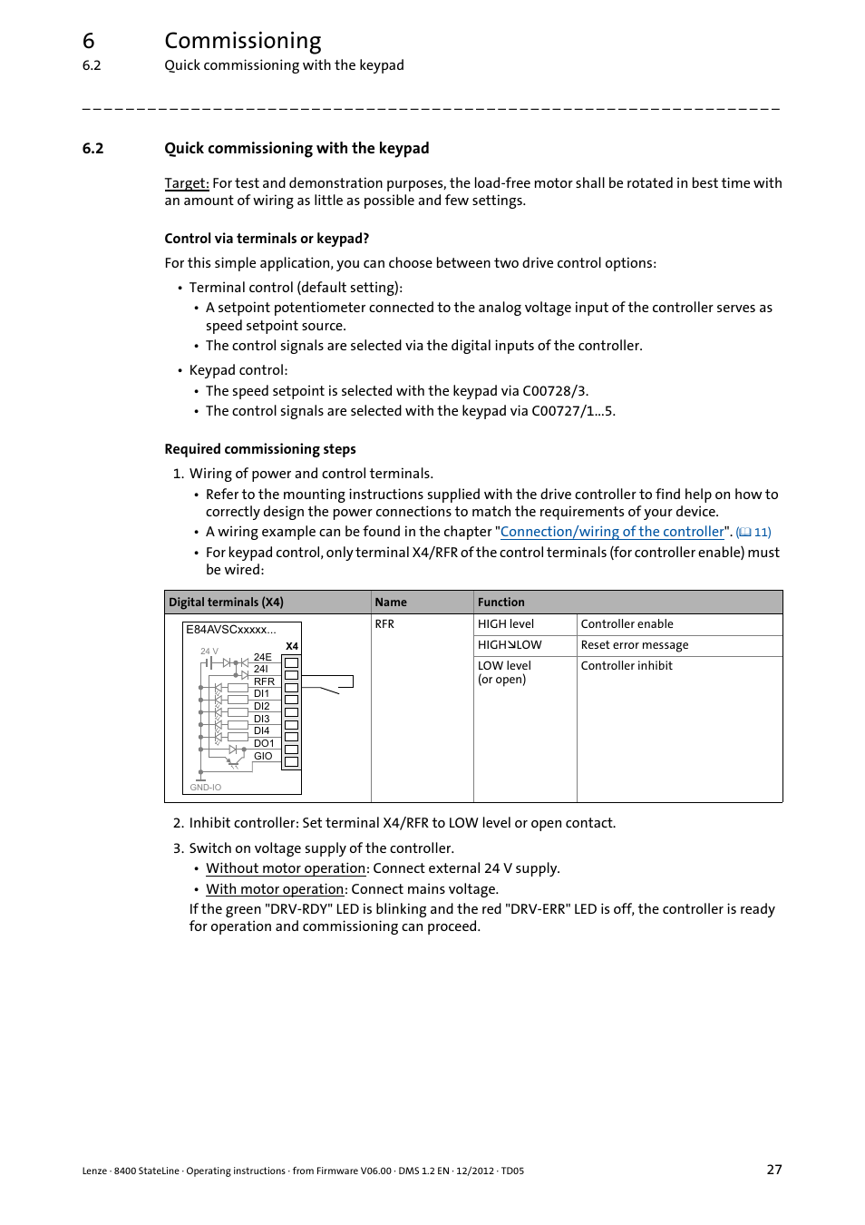 2 quick commissioning with the keypad, Quick commissioning with the keypad, 6commissioning | Lenze E84AVSCx 8400 StateLine C User Manual | Page 27 / 76