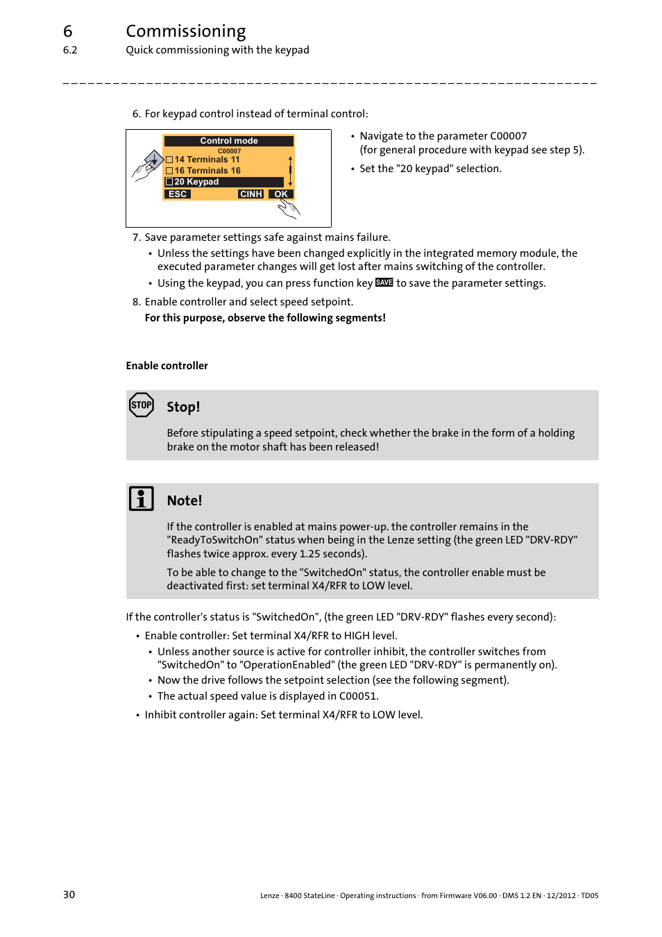 6commissioning | Lenze E84AVSCx 8400 StateLine C User Manual | Page 30 / 76