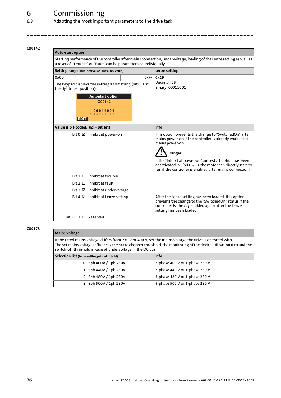 C00142, C00173, Parameter description | 6commissioning | Lenze E84AVSCx 8400 StateLine C User Manual | Page 36 / 76