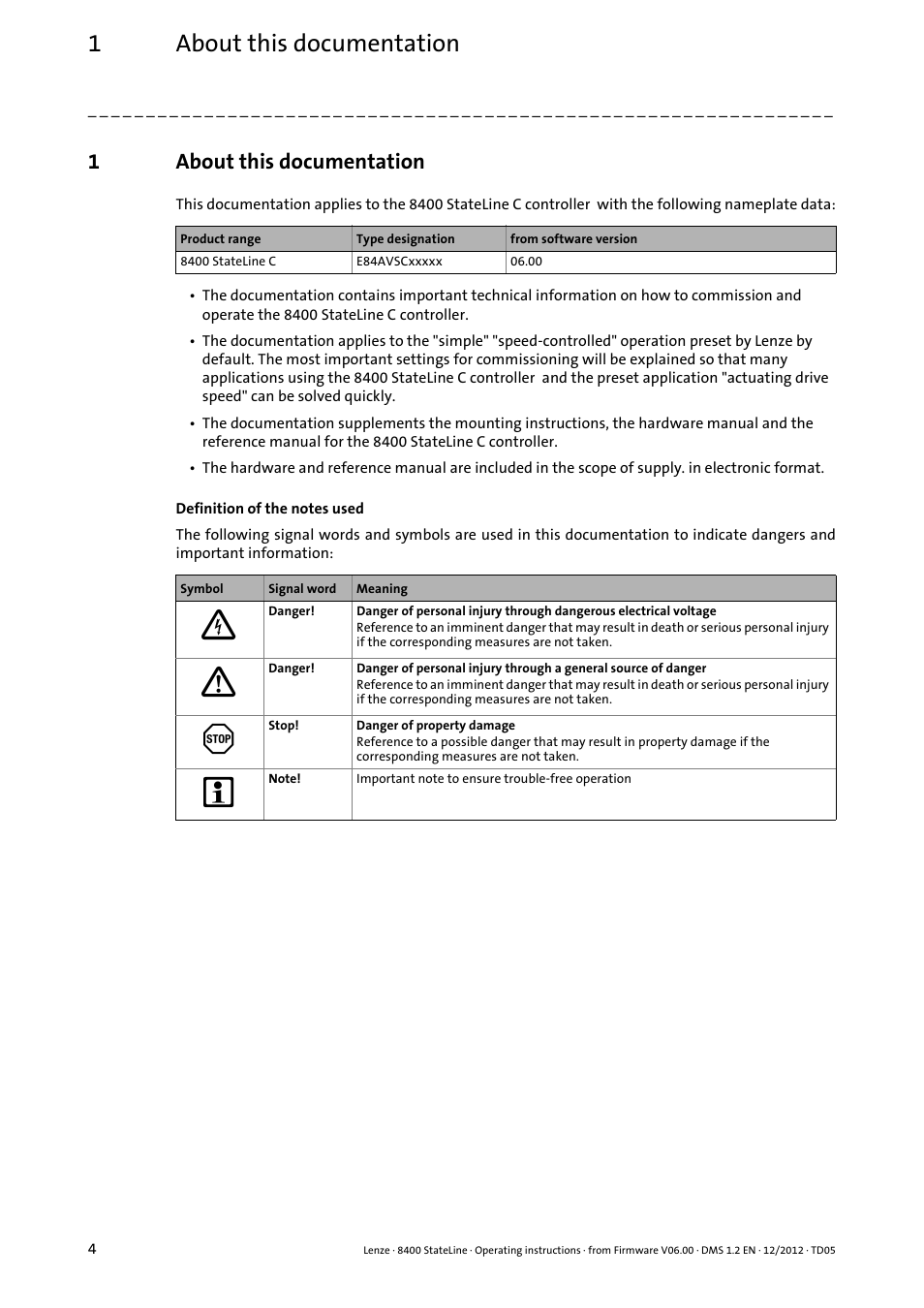 1 about this documentation, About this documentation, 1about this documentation | Lenze E84AVSCx 8400 StateLine C User Manual | Page 4 / 76