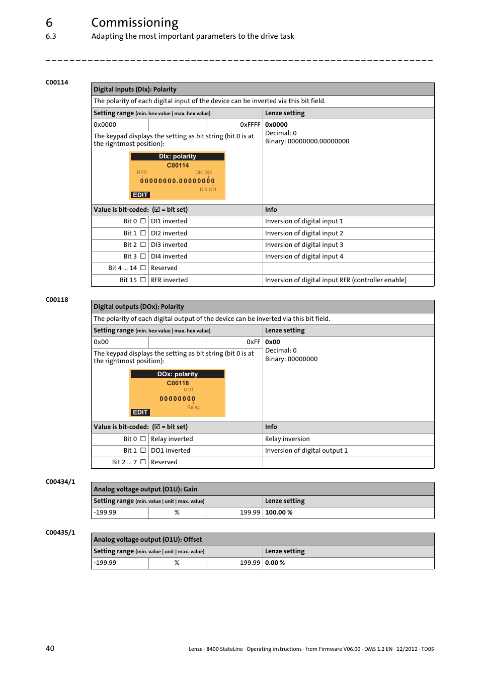 C00114, C00118, C00434/1 | C00435/1, 6commissioning | Lenze E84AVSCx 8400 StateLine C User Manual | Page 40 / 76