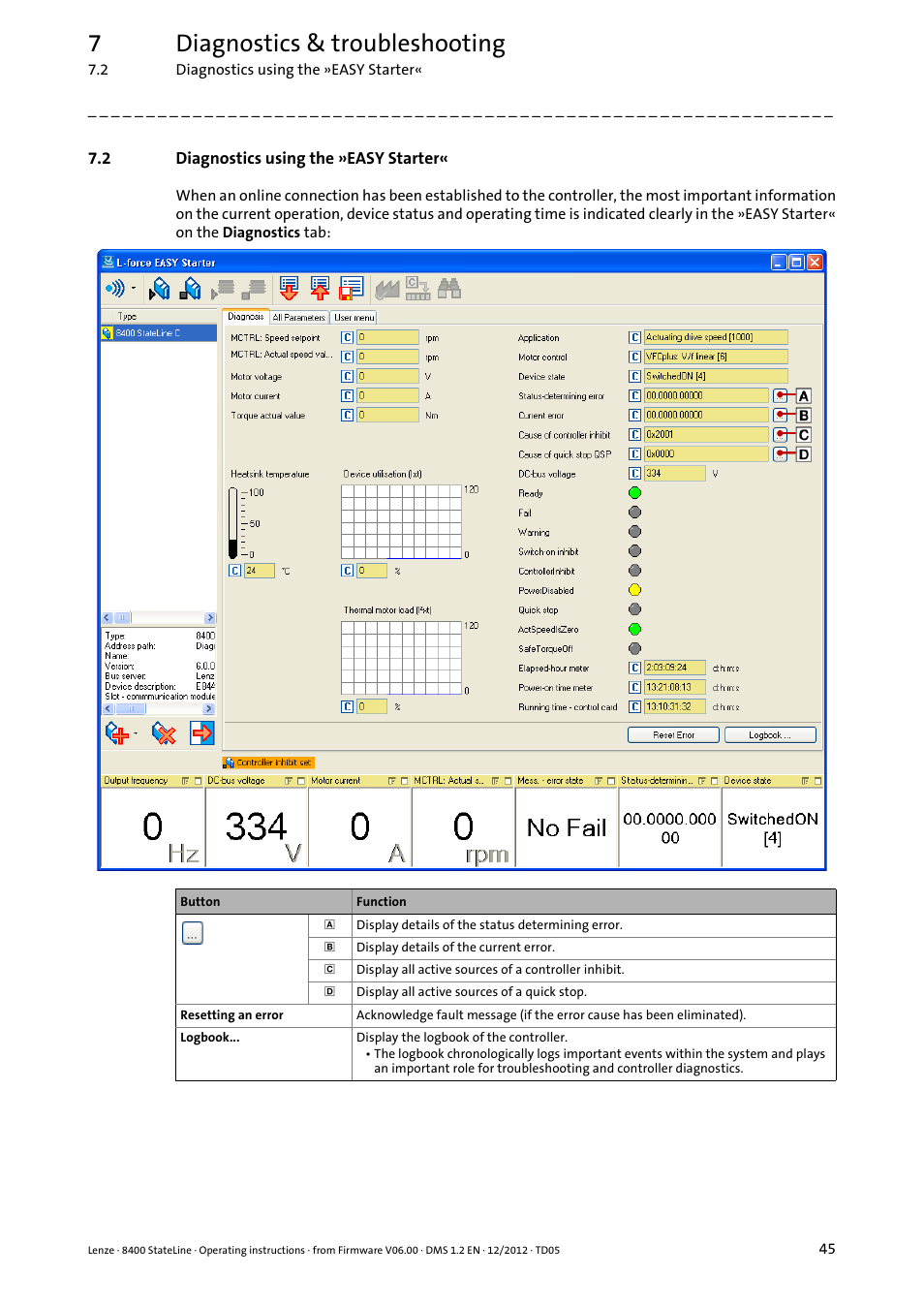 2 diagnostics using the »easy starter, Diagnostics using the »easy starter, 7diagnostics & troubleshooting | Lenze E84AVSCx 8400 StateLine C User Manual | Page 45 / 76