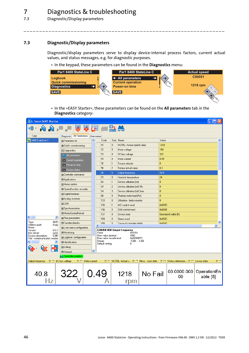 3 diagnostic/display parameters, Diagnostic/display parameters, 7diagnostics & troubleshooting | Lenze E84AVSCx 8400 StateLine C User Manual | Page 46 / 76