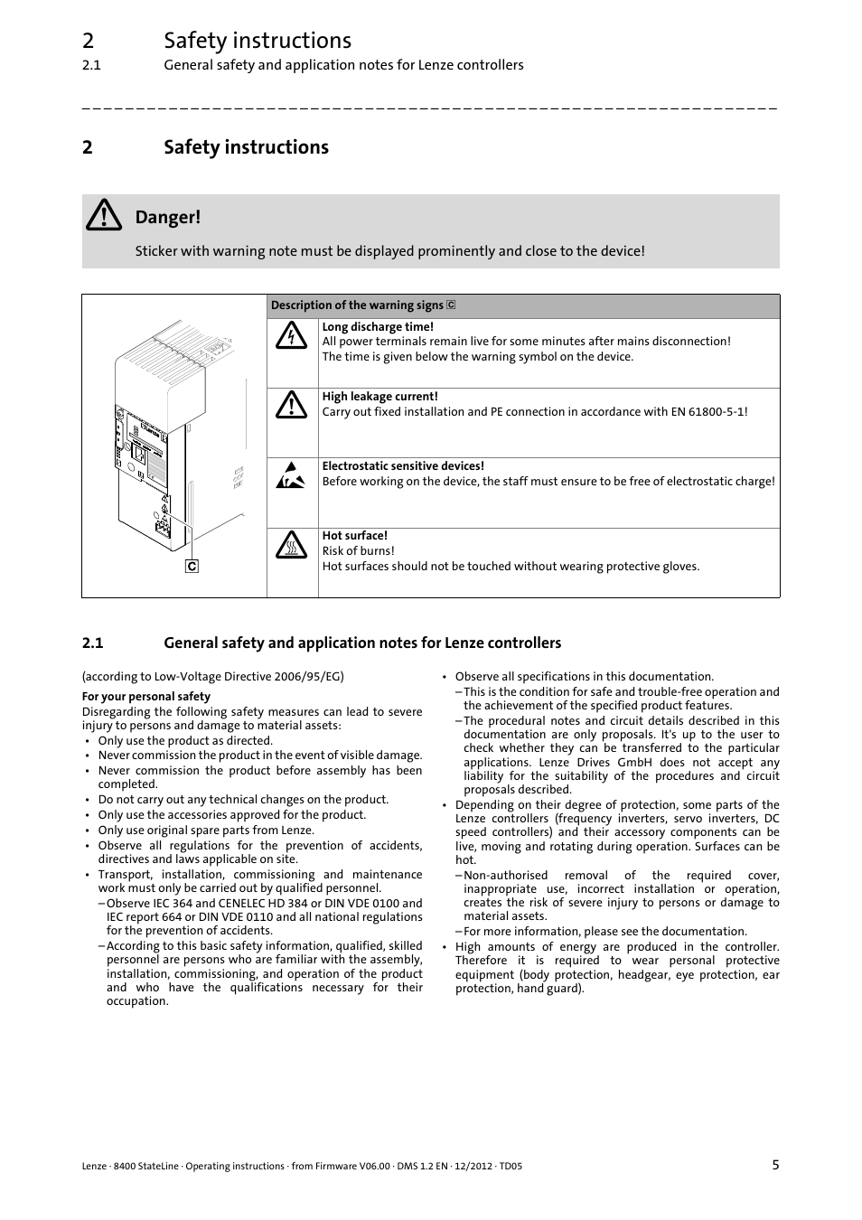 2 safety instructions, Safety instructions, 2safety instructions | Danger | Lenze E84AVSCx 8400 StateLine C User Manual | Page 5 / 76